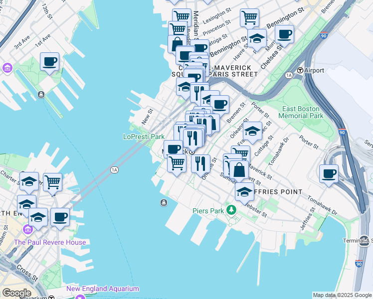 map of restaurants, bars, coffee shops, grocery stores, and more near 9-11 Maverick Square in Boston