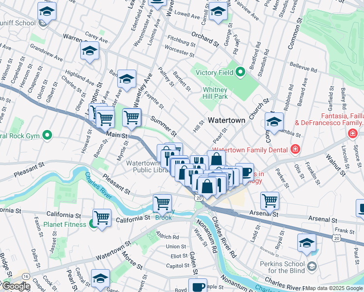 map of restaurants, bars, coffee shops, grocery stores, and more near 134 Summer Street in Watertown