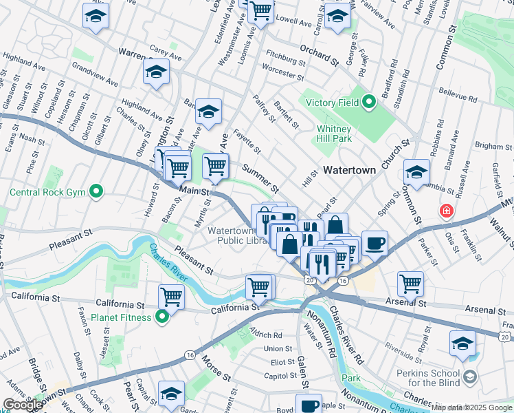 map of restaurants, bars, coffee shops, grocery stores, and more near 24 Whites Avenue in Watertown