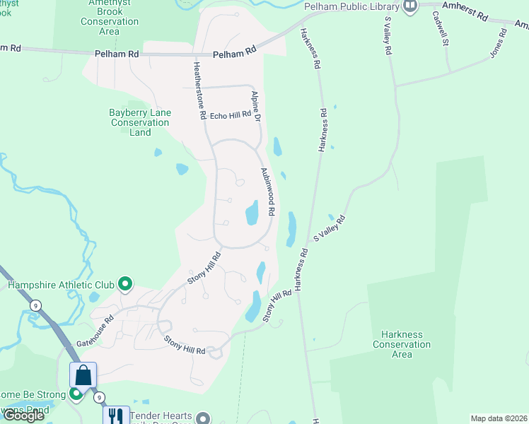 map of restaurants, bars, coffee shops, grocery stores, and more near 157 Aubinwood Road in Amherst
