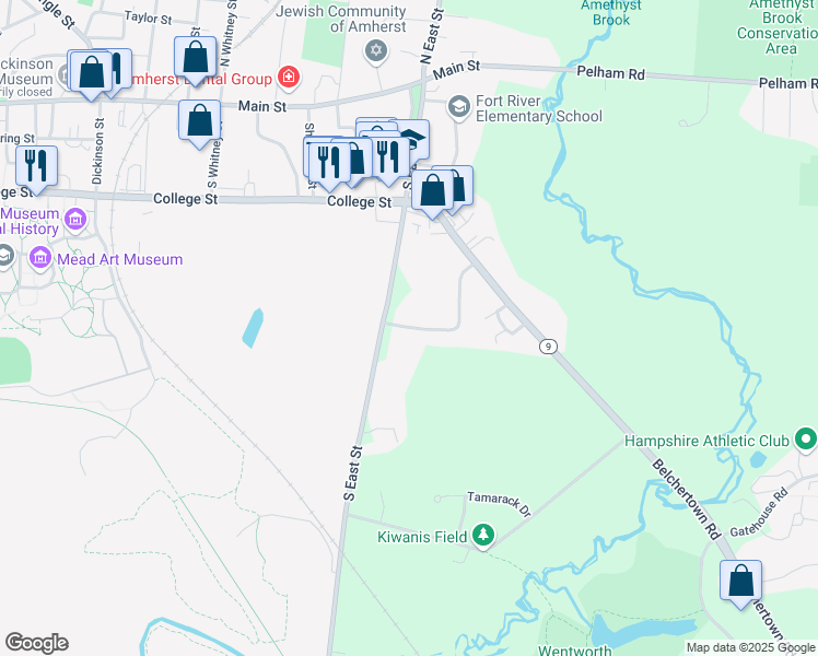 map of restaurants, bars, coffee shops, grocery stores, and more near 71 Colonial Village in Amherst