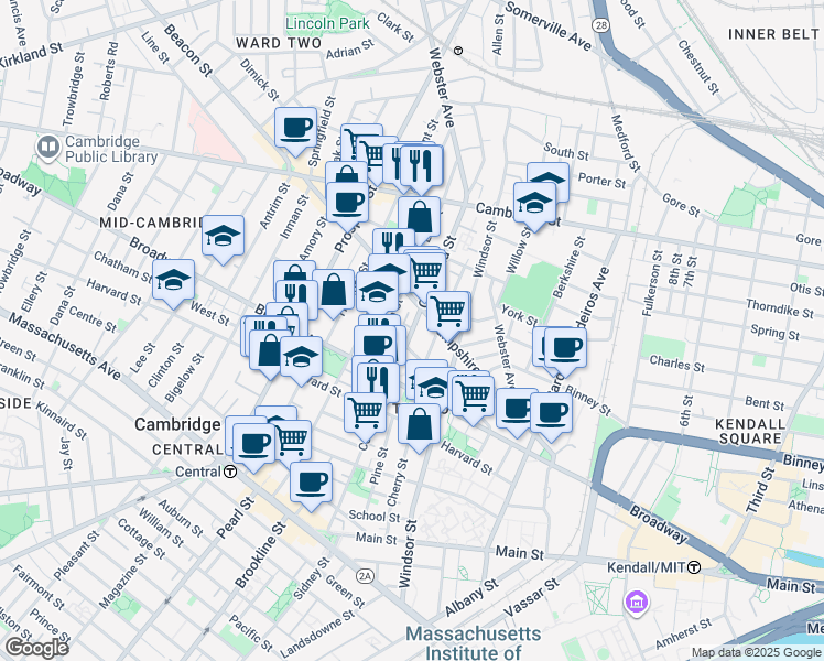 map of restaurants, bars, coffee shops, grocery stores, and more near 235 Columbia Street in Cambridge
