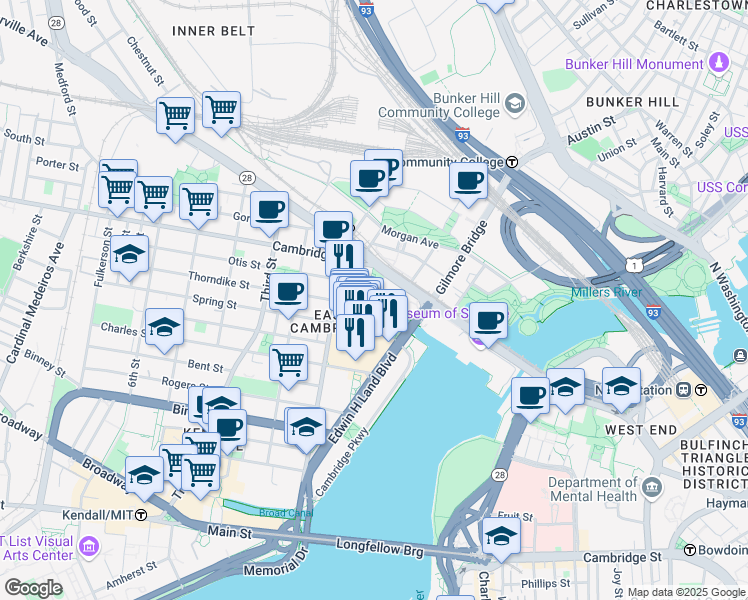 map of restaurants, bars, coffee shops, grocery stores, and more near 32 First Street in Cambridge