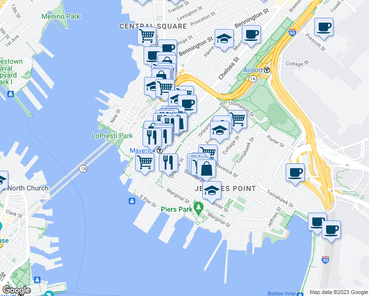 map of restaurants, bars, coffee shops, grocery stores, and more near 89 Orleans Street in Boston