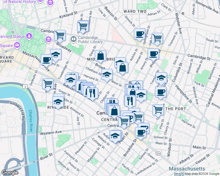 map of restaurants, bars, coffee shops, grocery stores, and more near in Cambridge