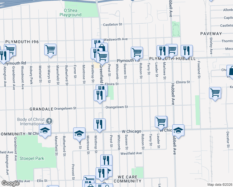 map of restaurants, bars, coffee shops, grocery stores, and more near 9997 Whitcomb Avenue in Detroit