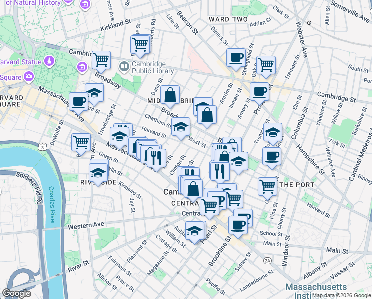 map of restaurants, bars, coffee shops, grocery stores, and more near in Cambridge