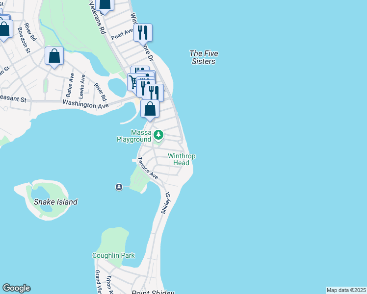 map of restaurants, bars, coffee shops, grocery stores, and more near 25 Faunbar Avenue in Winthrop