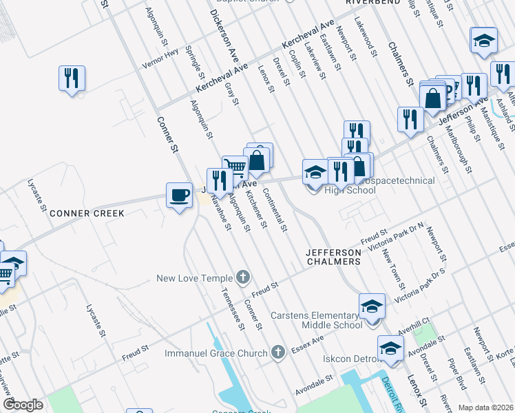 map of restaurants, bars, coffee shops, grocery stores, and more near 922 Kitchener Street in Detroit