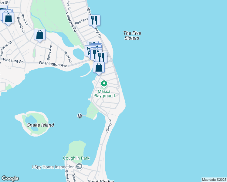map of restaurants, bars, coffee shops, grocery stores, and more near 25 Faunbar Avenue in Winthrop