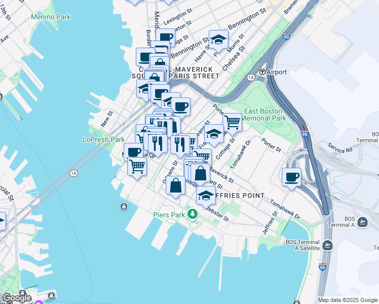 map of restaurants, bars, coffee shops, grocery stores, and more near 89 Orleans Street in Boston