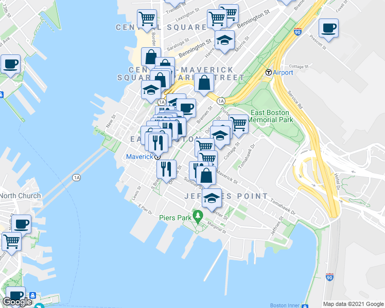 map of restaurants, bars, coffee shops, grocery stores, and more near 89 Orleans Street in Boston