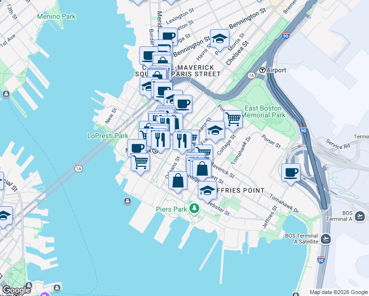 map of restaurants, bars, coffee shops, grocery stores, and more near 89 Orleans Street in Boston