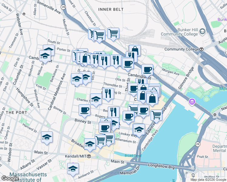 map of restaurants, bars, coffee shops, grocery stores, and more near 100 Sciarappa Street in Cambridge