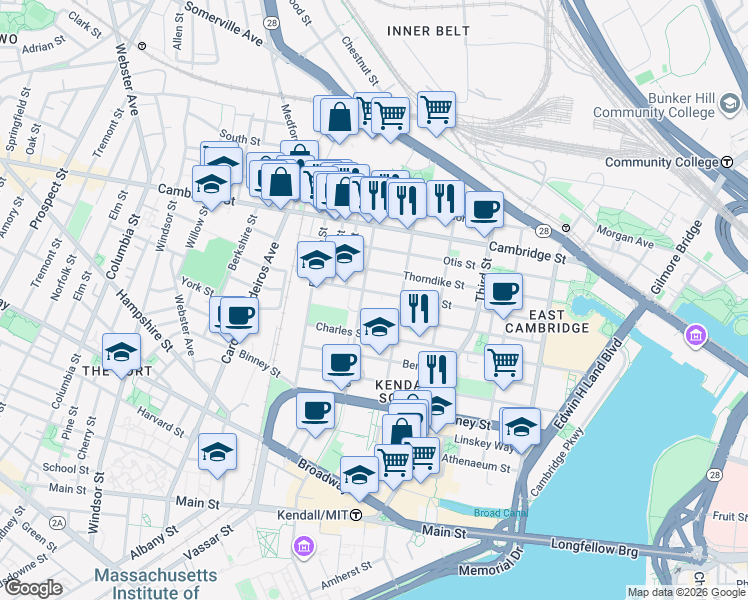 map of restaurants, bars, coffee shops, grocery stores, and more near 341 Hurley Street in Cambridge