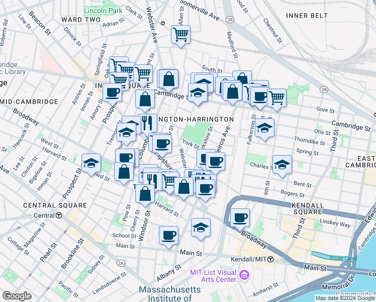 map of restaurants, bars, coffee shops, grocery stores, and more near 44 Plymouth Street in Cambridge