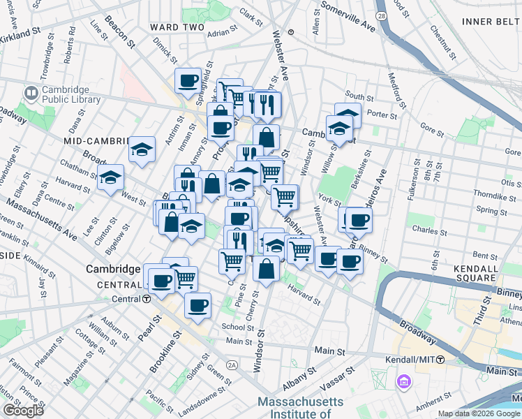 map of restaurants, bars, coffee shops, grocery stores, and more near 235 Columbia Street in Cambridge