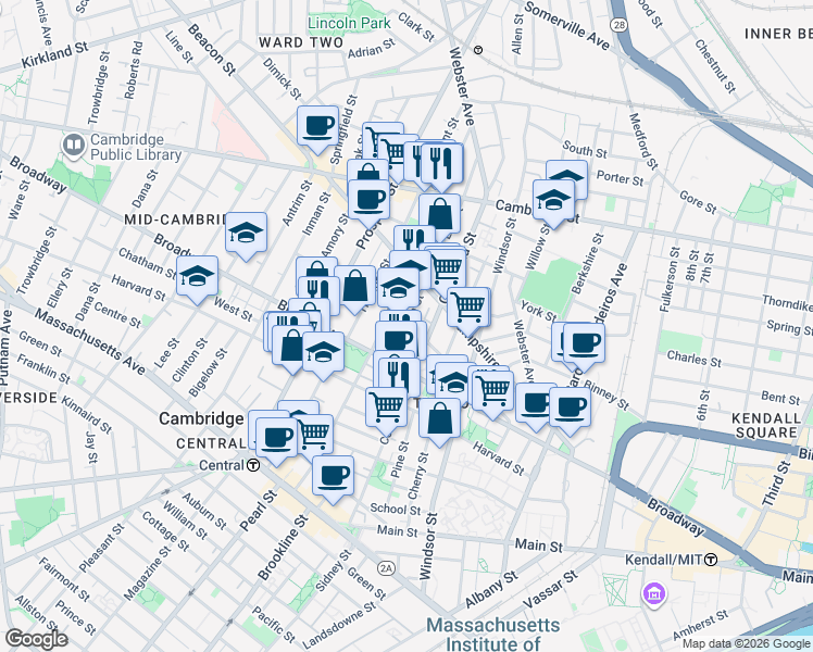 map of restaurants, bars, coffee shops, grocery stores, and more near 235 Columbia Street in Cambridge