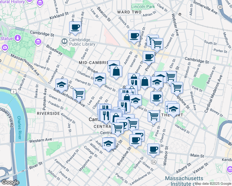map of restaurants, bars, coffee shops, grocery stores, and more near 273 Harvard Street in Cambridge