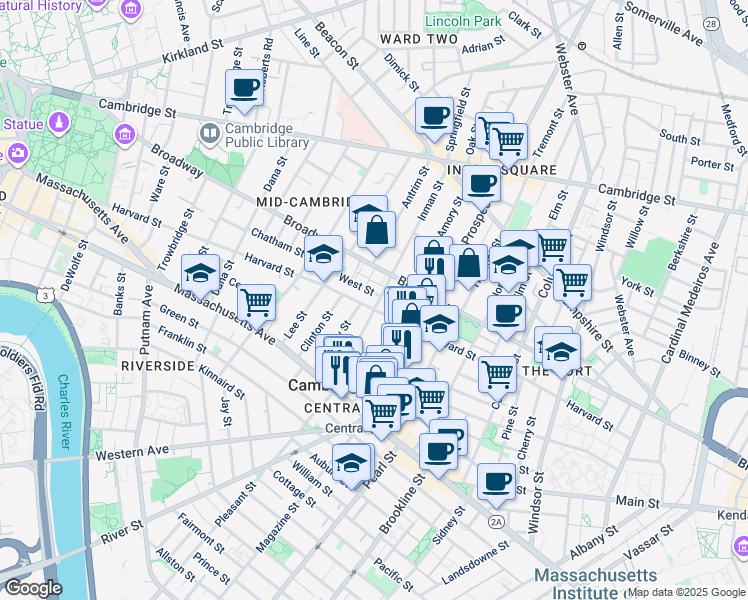 map of restaurants, bars, coffee shops, grocery stores, and more near 273 Harvard Street in Cambridge