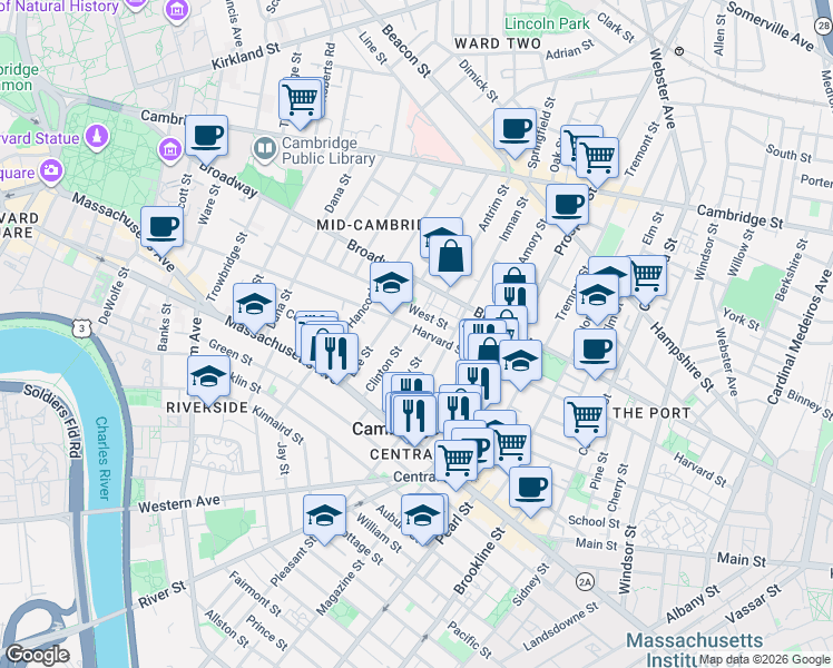 map of restaurants, bars, coffee shops, grocery stores, and more near 17 Bigelow Street in Cambridge