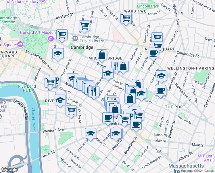 map of restaurants, bars, coffee shops, grocery stores, and more near in Cambridge