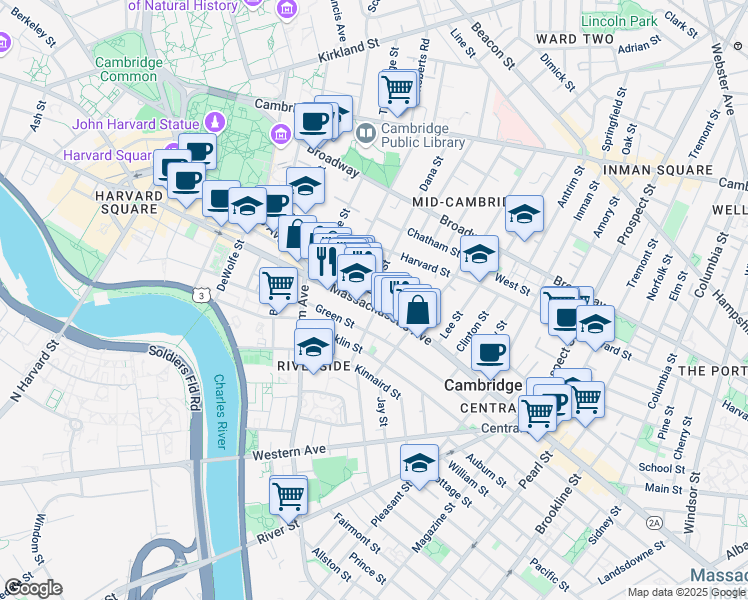 map of restaurants, bars, coffee shops, grocery stores, and more near in Cambridge