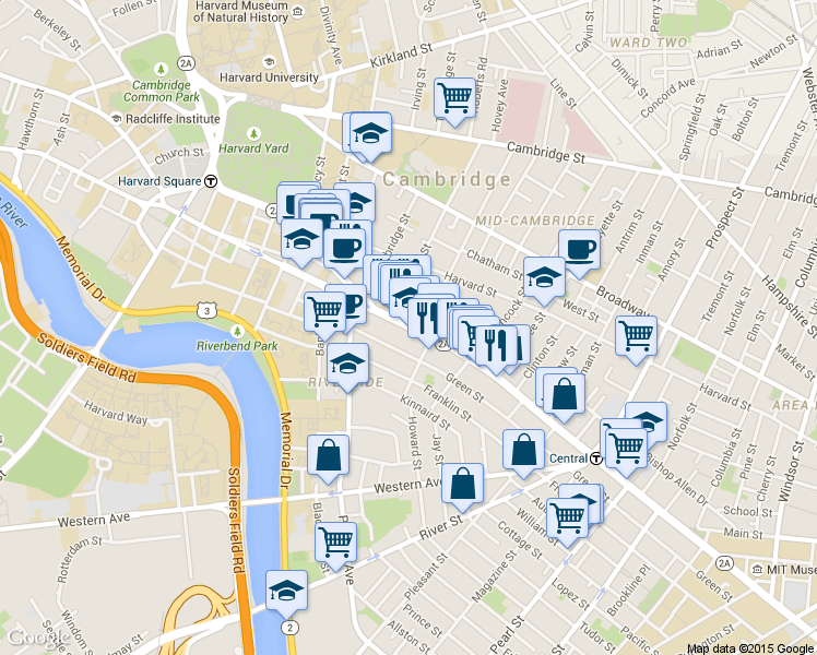 map of restaurants, bars, coffee shops, grocery stores, and more near in Cambridge