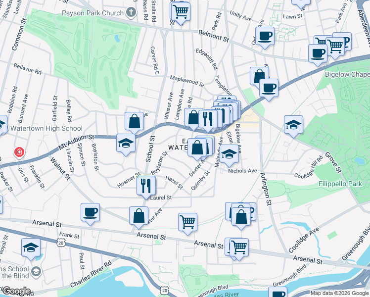 map of restaurants, bars, coffee shops, grocery stores, and more near 156 Nichols Avenue in Watertown