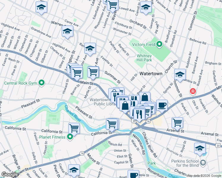 map of restaurants, bars, coffee shops, grocery stores, and more near 24 Whites Avenue in Watertown