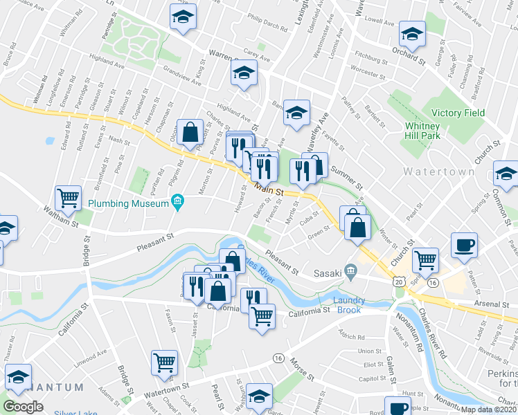map of restaurants, bars, coffee shops, grocery stores, and more near 35 Bacon Street in Watertown