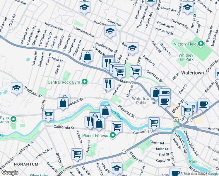 map of restaurants, bars, coffee shops, grocery stores, and more near 35 Bacon Street in Watertown