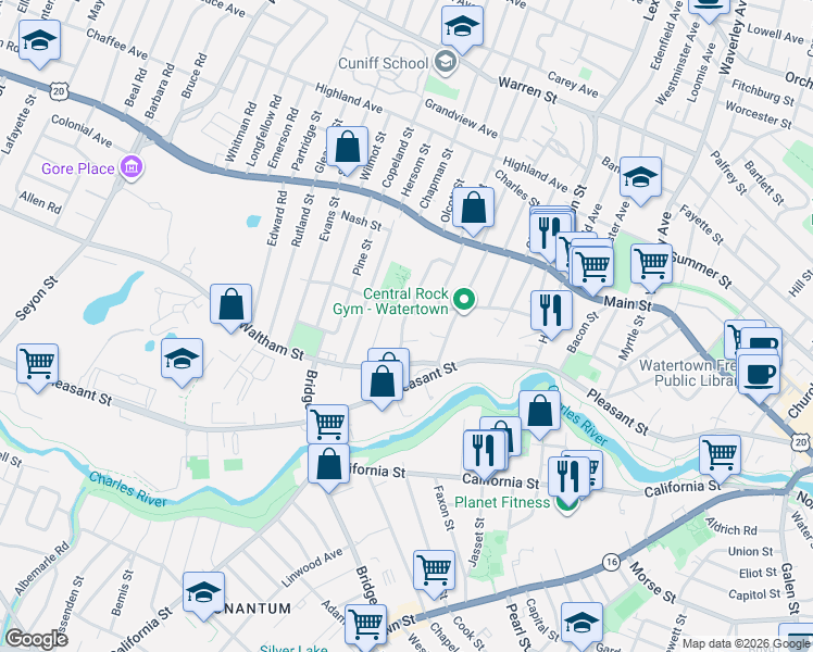 map of restaurants, bars, coffee shops, grocery stores, and more near 12 Midland Road in Watertown
