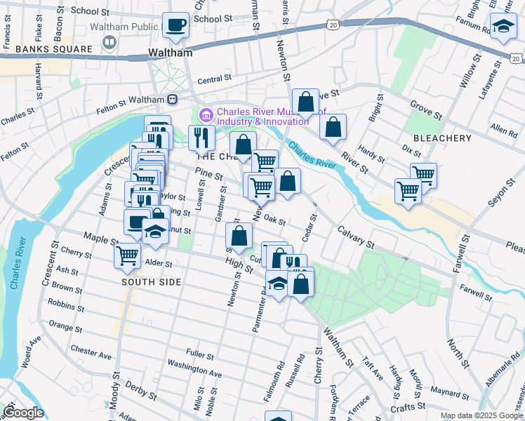 map of restaurants, bars, coffee shops, grocery stores, and more near 244 Newton Street in Waltham