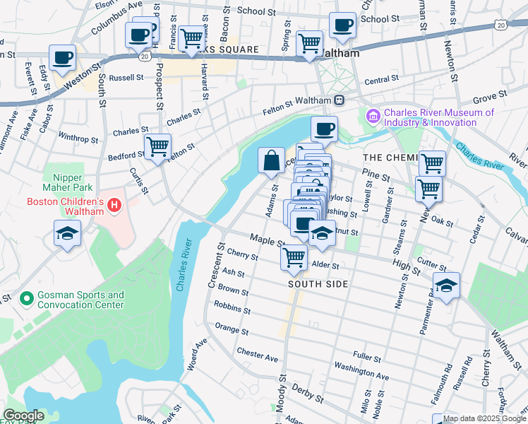 map of restaurants, bars, coffee shops, grocery stores, and more near 40 Chestnut Street in Waltham