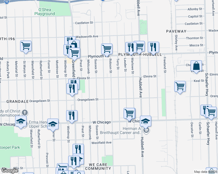 map of restaurants, bars, coffee shops, grocery stores, and more near 9963 Coyle Avenue in Detroit