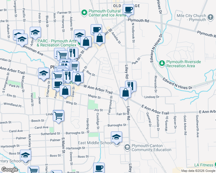 map of restaurants, bars, coffee shops, grocery stores, and more near 320 Ann Arbor Trail Court in Plymouth