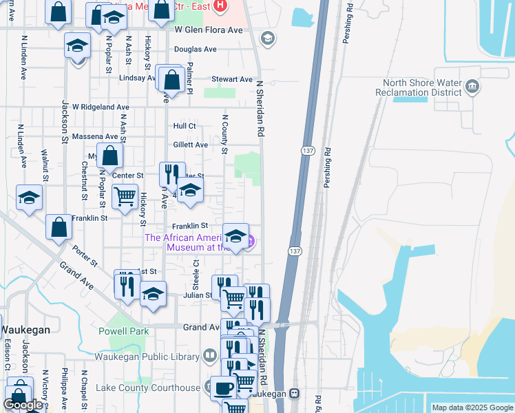map of restaurants, bars, coffee shops, grocery stores, and more near 613 North Genesee Street in Waukegan