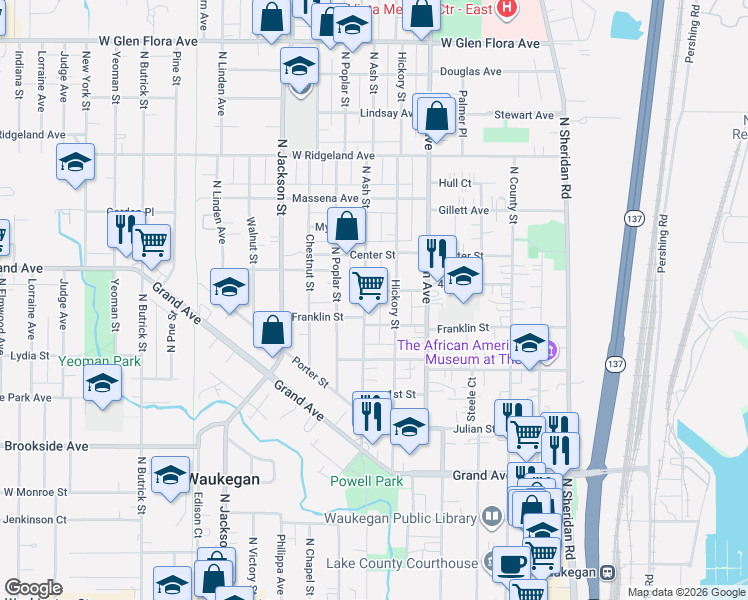 map of restaurants, bars, coffee shops, grocery stores, and more near 613 North Ash Street in Waukegan