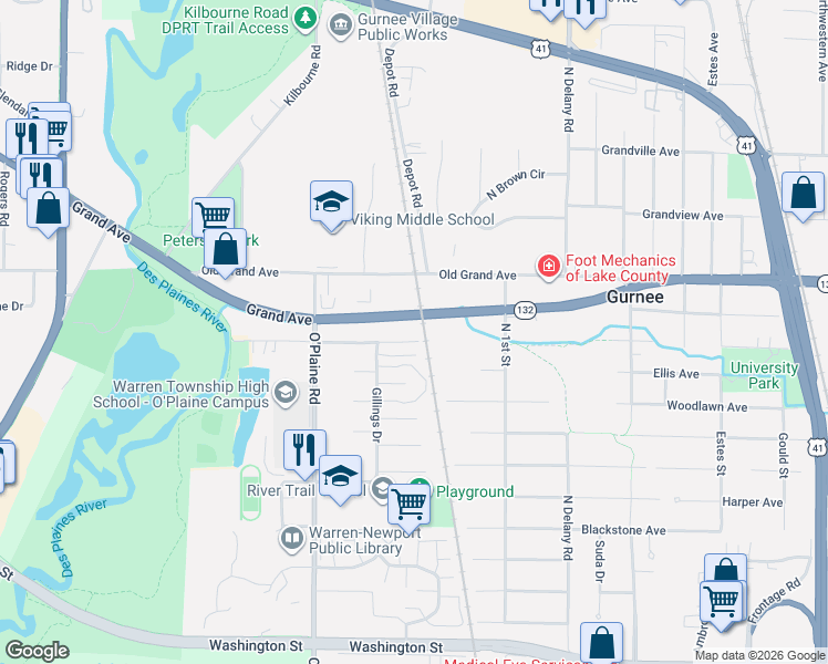 map of restaurants, bars, coffee shops, grocery stores, and more near 1075 Tri State Parkway in Gurnee