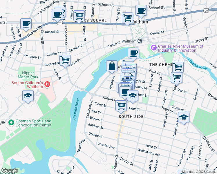 map of restaurants, bars, coffee shops, grocery stores, and more near 40 Chestnut Street in Waltham