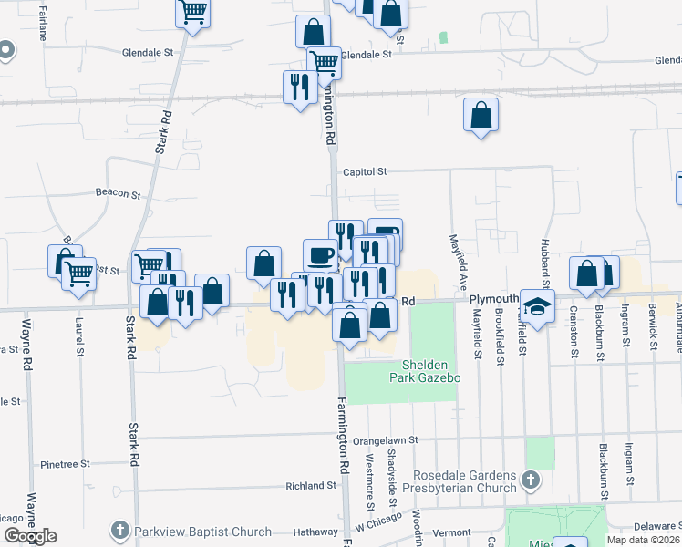 map of restaurants, bars, coffee shops, grocery stores, and more near 33330 Plymouth Road in Livonia