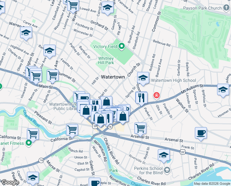 map of restaurants, bars, coffee shops, grocery stores, and more near 87 Church Street in Watertown