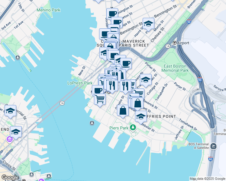 map of restaurants, bars, coffee shops, grocery stores, and more near 17 South Bremen Street in Boston