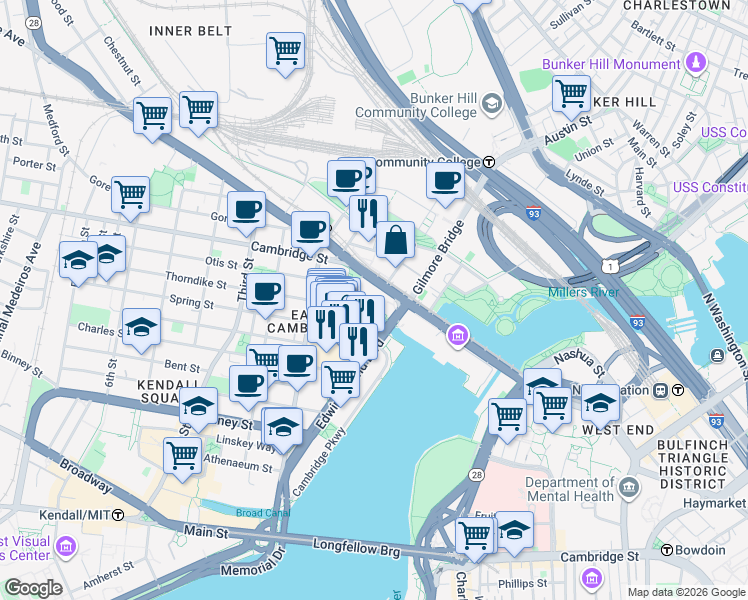 map of restaurants, bars, coffee shops, grocery stores, and more near 6 Canal Park in Cambridge