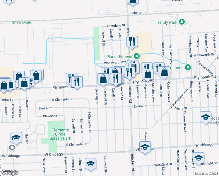 map of restaurants, bars, coffee shops, grocery stores, and more near 11565 Cavell Street in Livonia