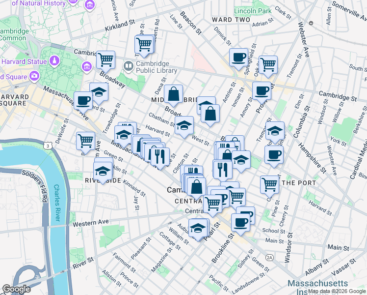 map of restaurants, bars, coffee shops, grocery stores, and more near 40 Lee Street in Cambridge