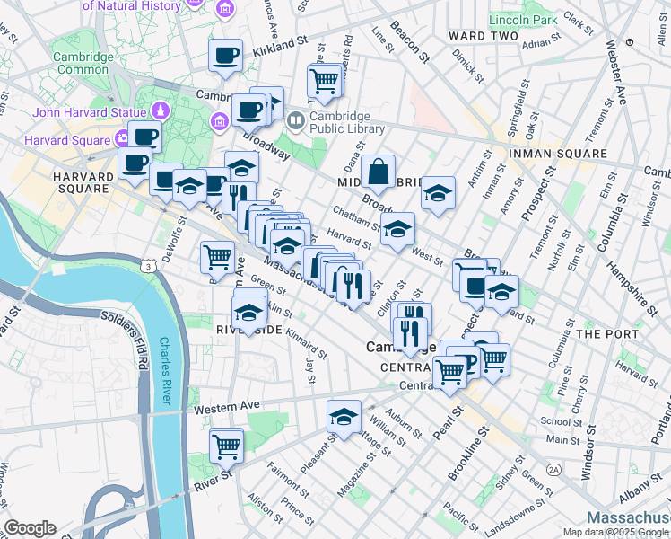 map of restaurants, bars, coffee shops, grocery stores, and more near 929 Massachusetts Avenue in Cambridge