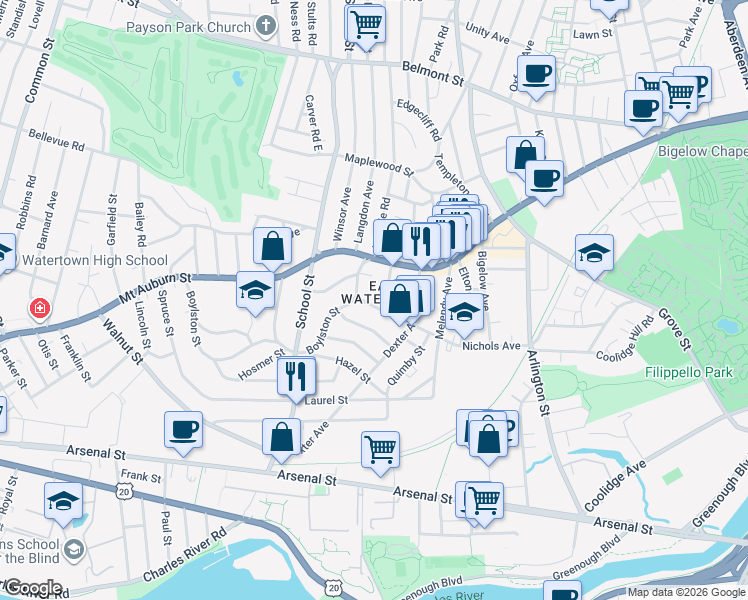 map of restaurants, bars, coffee shops, grocery stores, and more near 156 Nichols Avenue in Watertown
