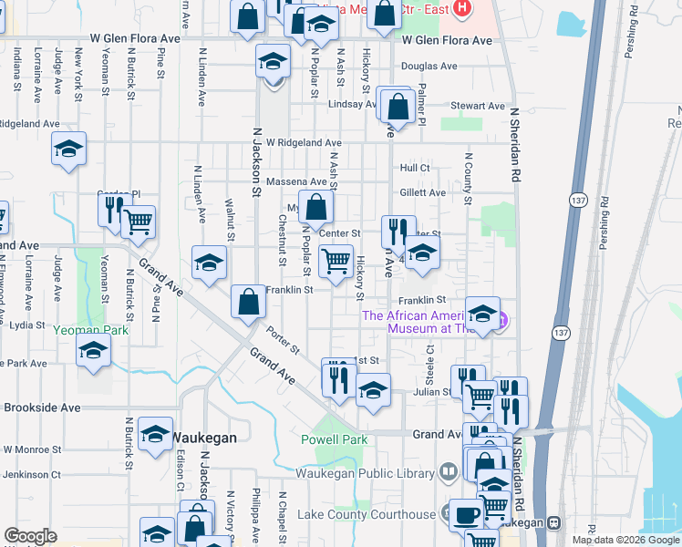map of restaurants, bars, coffee shops, grocery stores, and more near 613 North Ash Street in Waukegan